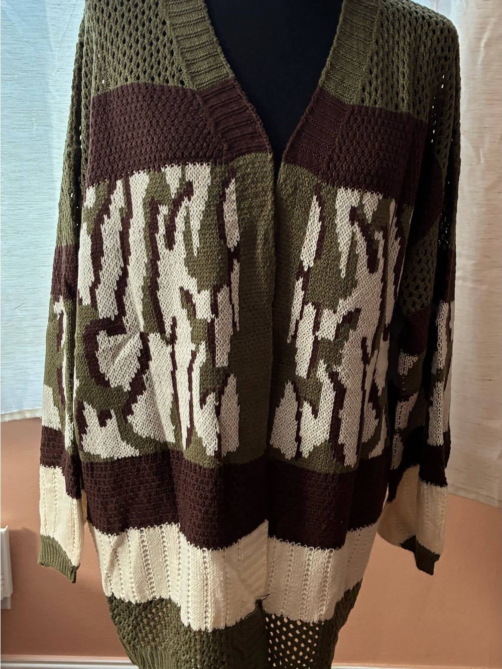 Umgee Olive Green & Cream Open-Front Knit Cardigan Sweater with Pants 2 pc set😊